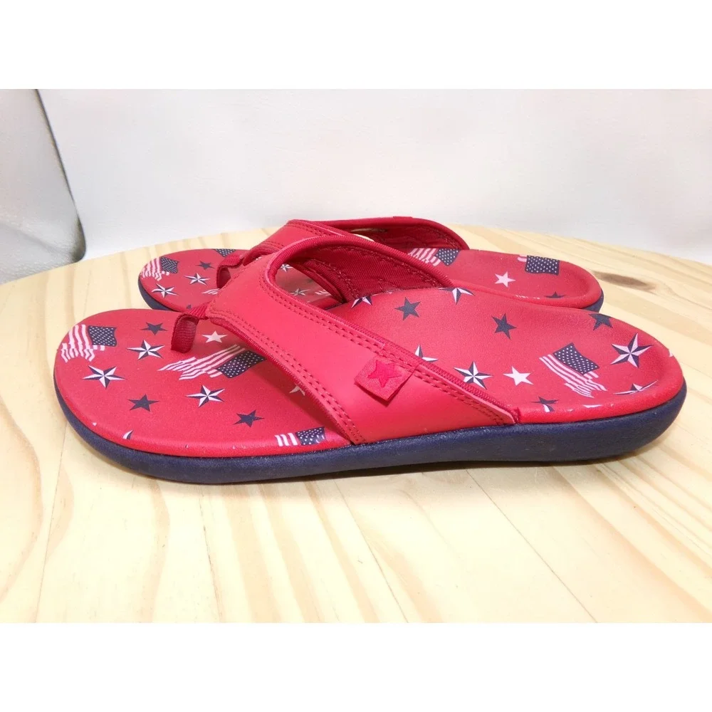 Spenco Flip Flop Sandals Womens Yellow 3D Applique Floral & Red Flags Stars Sz 7